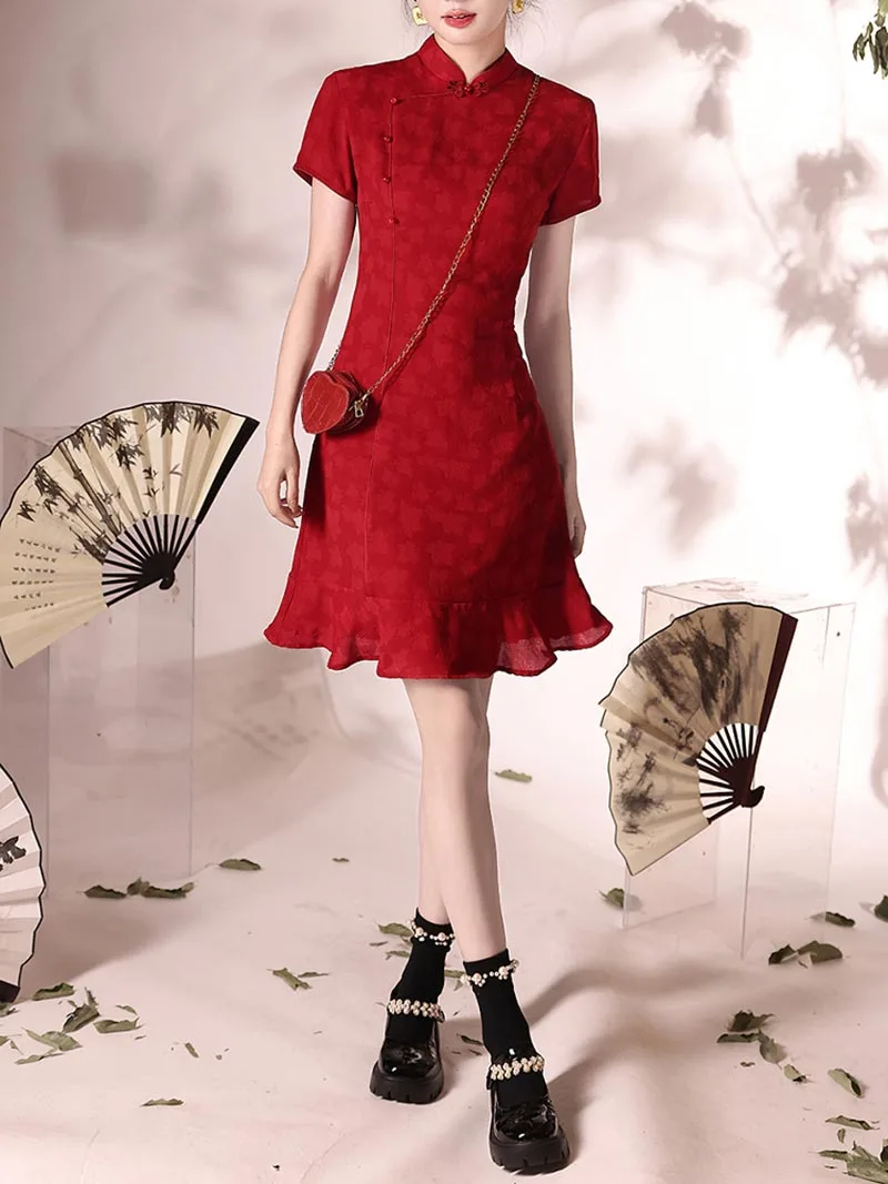 2025 red qipao dress short mermaid style for weddings and engagements