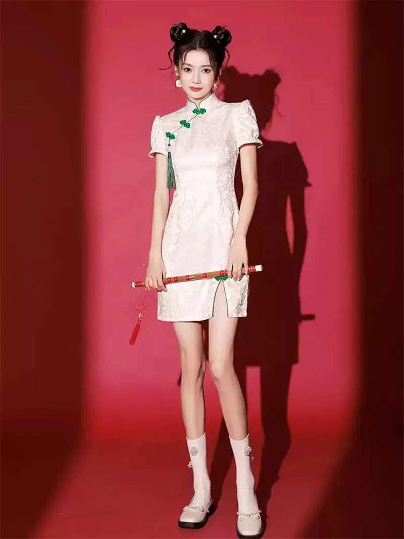 Elegant White Qipao 2025 Modern Short Chinese Dress
