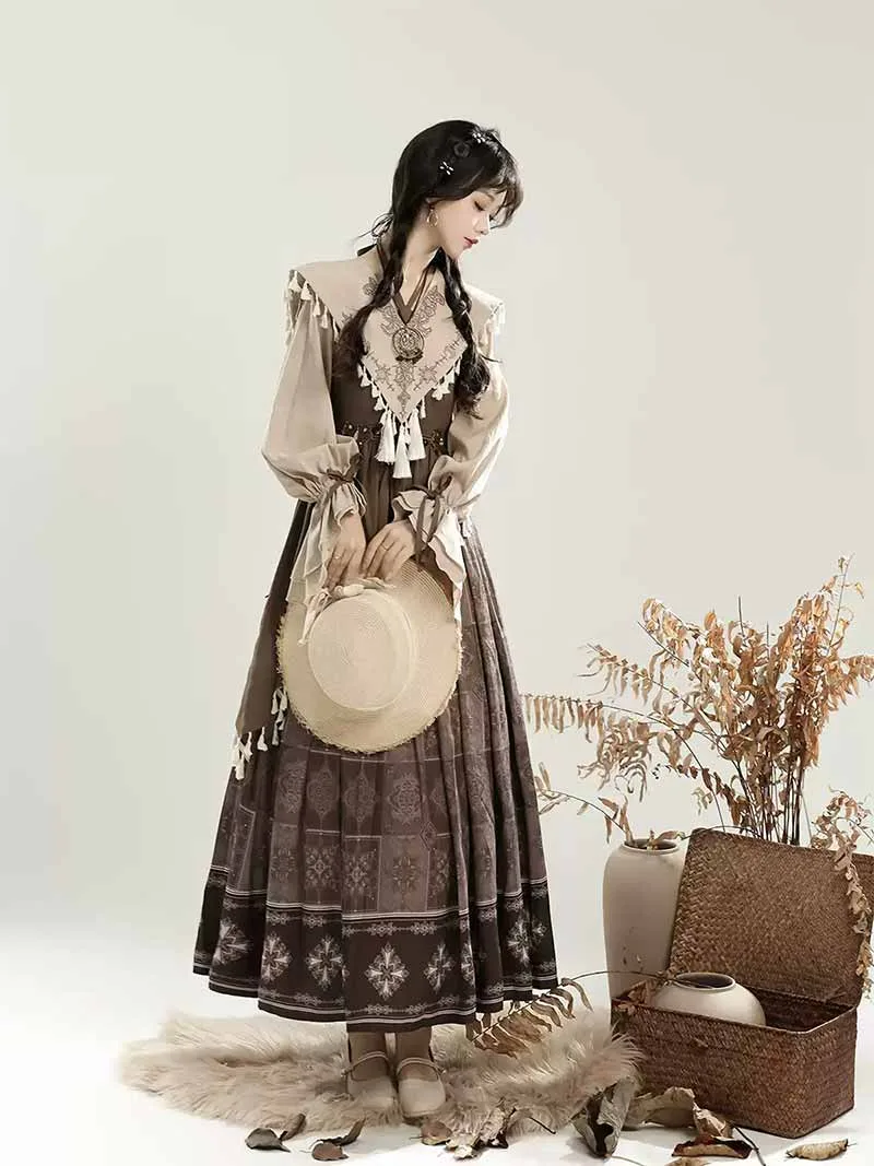 Chinese hanfu modern long-sleeve dress set in elegant new Chinese style