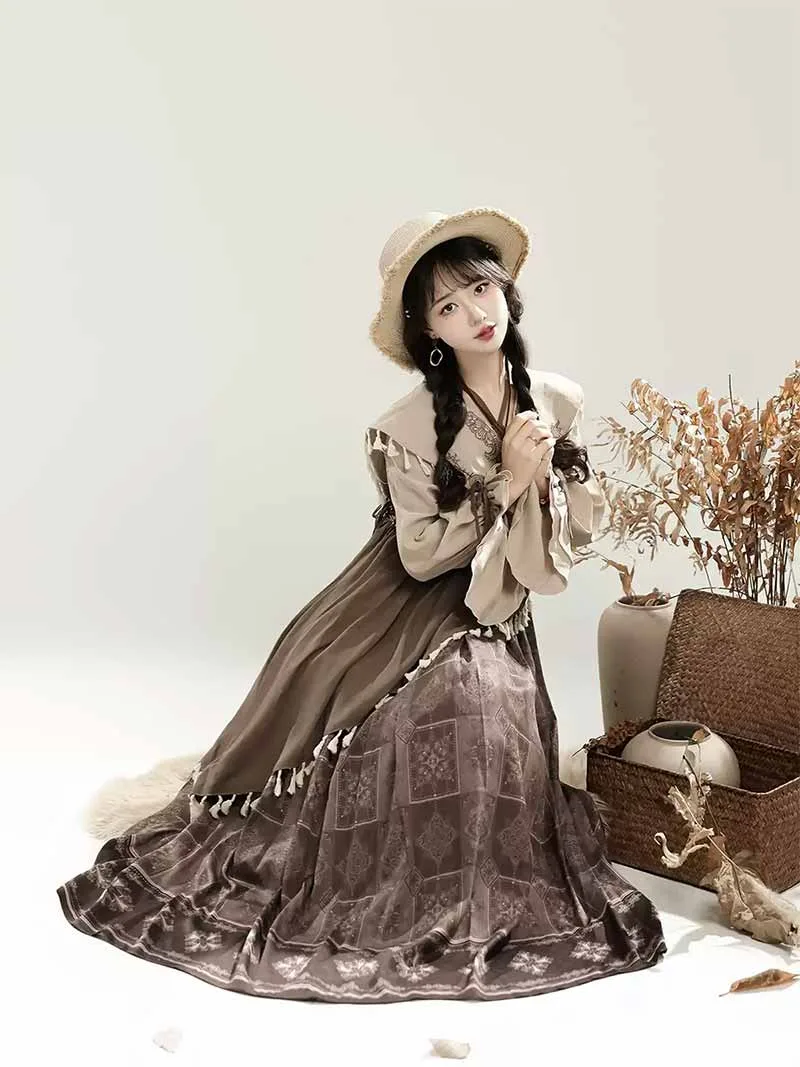 Chinese hanfu modern long-sleeve dress set in elegant new Chinese style