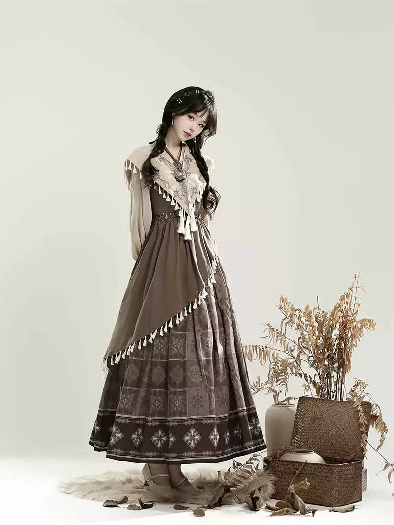 Chinese hanfu modern long-sleeve dress set in elegant new Chinese style
