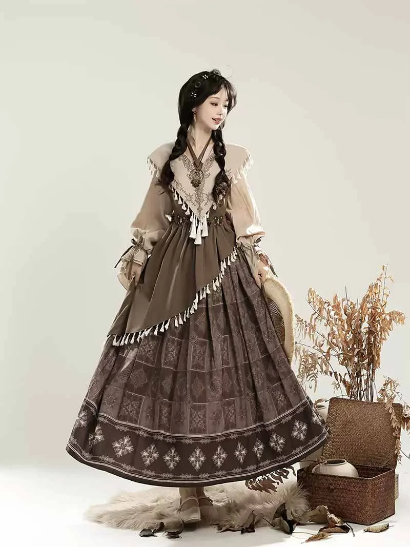 Chinese hanfu modern long-sleeve dress set in elegant new Chinese style