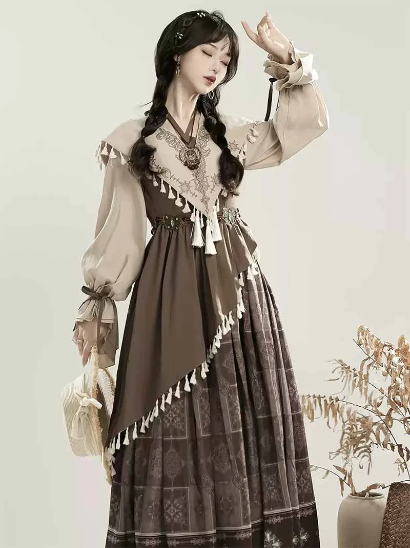 Chinese hanfu modern long-sleeve dress set in elegant new Chinese style