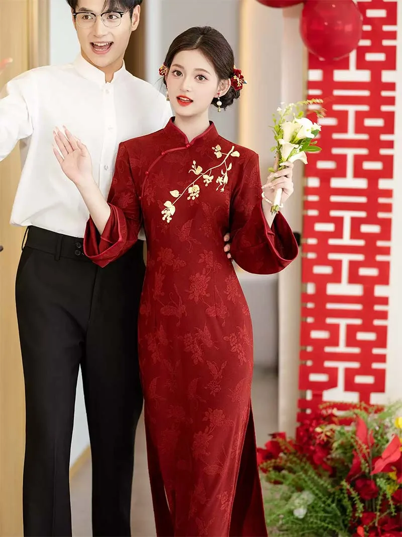 Chinese wedding Qipao, elegant red cheongsam bridal dress with long sleeves, perfect for engagement, tea ceremony, and wedding day events