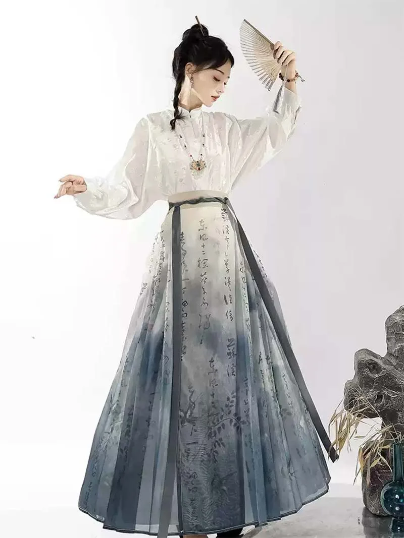 Horse Face Skirt modern Chinese Hanfu half skirt set with calligraphy print, elegant and stylish