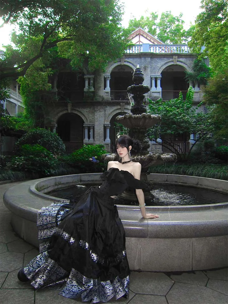Mamian Qun Skirt black silver original Hanfu half skirt with brocade jacquard fabric