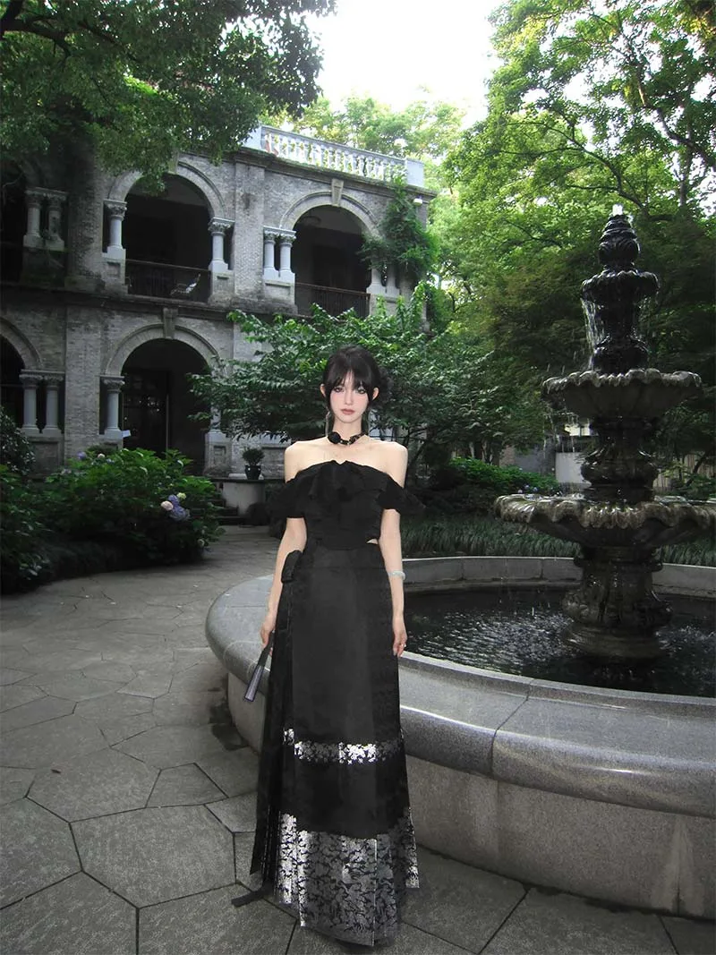 Mamian Qun Skirt | Original Black Silver Hanfu Half Skirt with Brocade - Image 5