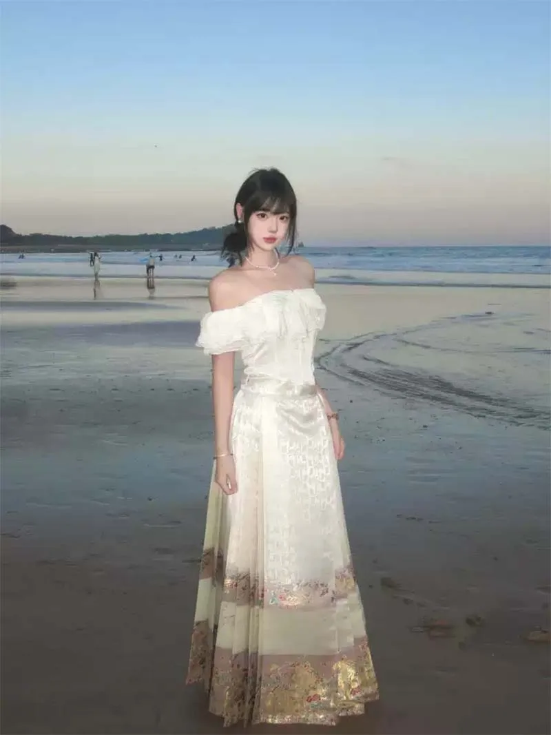 Mamian Skirt beige Hanfu half skirt with brocade jacquard, suitable for daily wear