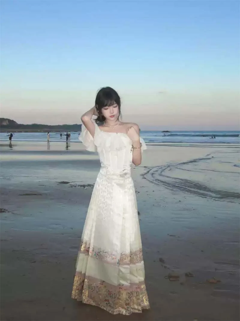 Mamian Skirt beige Hanfu half skirt with brocade jacquard, suitable for daily wear