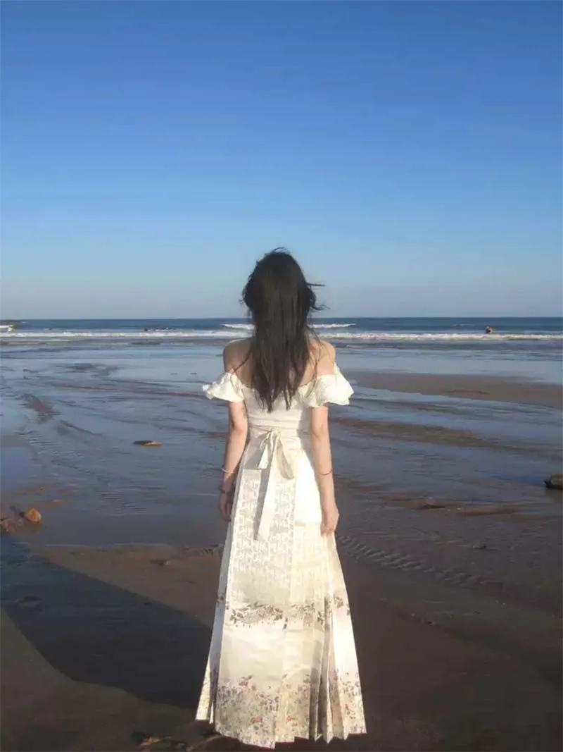Mamian Skirt beige Hanfu half skirt with brocade jacquard, suitable for daily wear