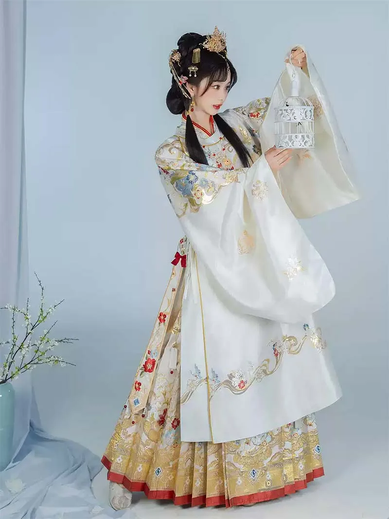 Elegant Ming Dynasty Hanfu with brocade round collar robe, long jacket, and horse face skirt for women
