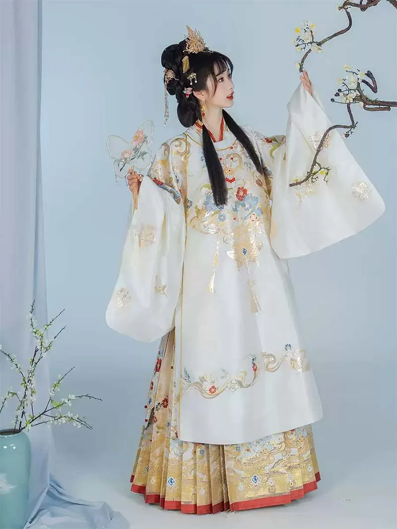 Elegant Ming Dynasty Hanfu with brocade round collar robe, long jacket, and horse face skirt for women