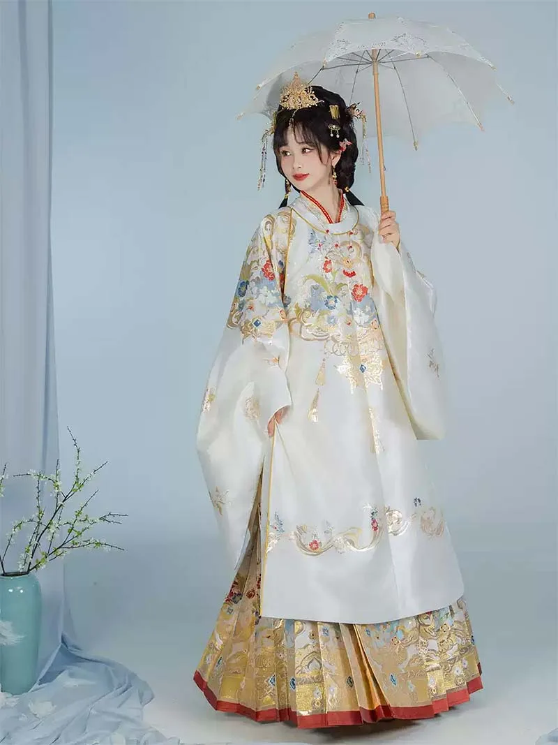 Elegant Ming Dynasty Hanfu with brocade round collar robe, long jacket, and horse face skirt for women