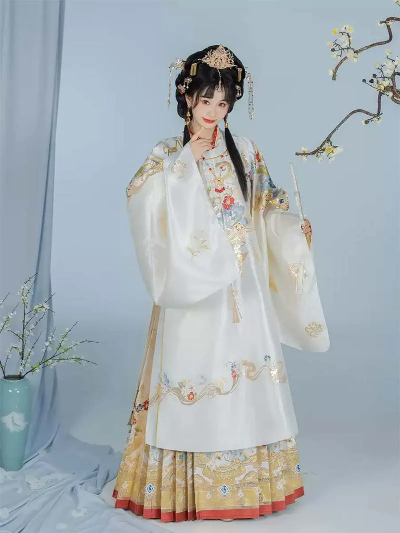 Elegant Ming Dynasty Hanfu with brocade round collar robe, long jacket, and horse face skirt for women