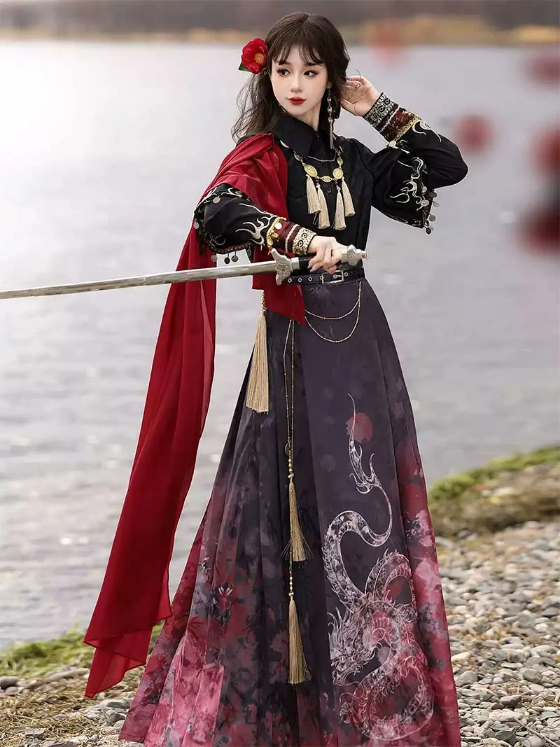 Modern hanfu clothing set with wuxia style gradient half skirt for women