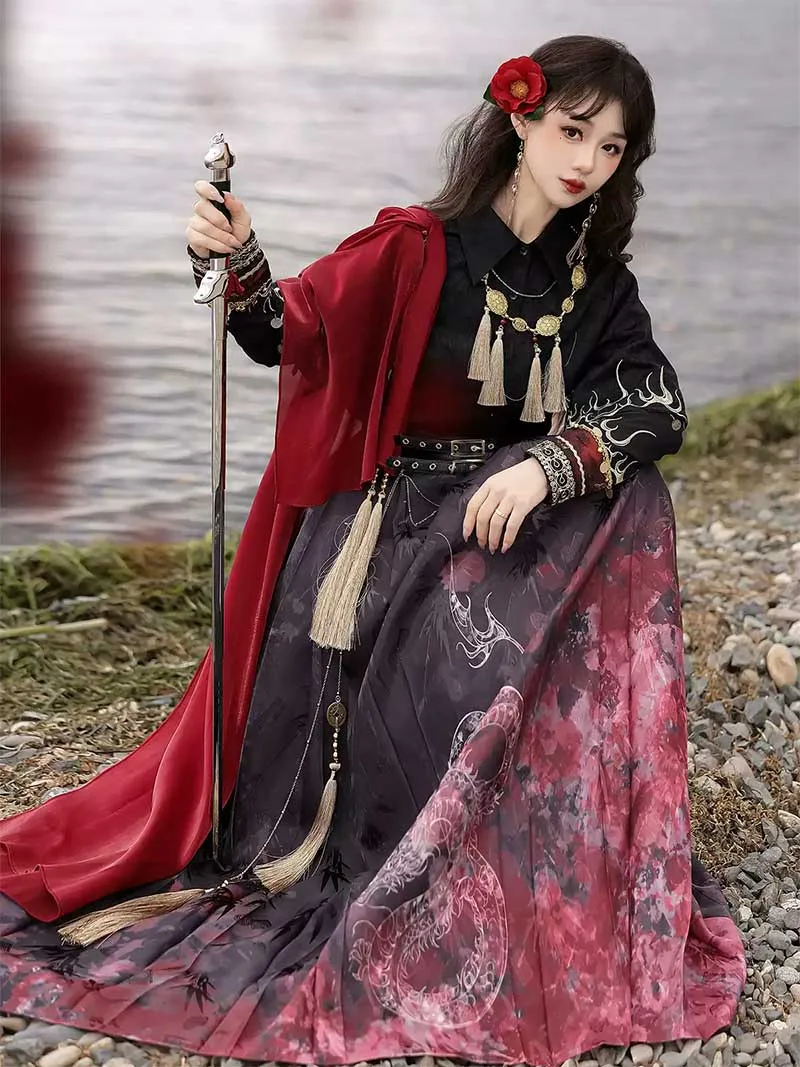 Modern hanfu clothing set with wuxia style gradient half skirt for women