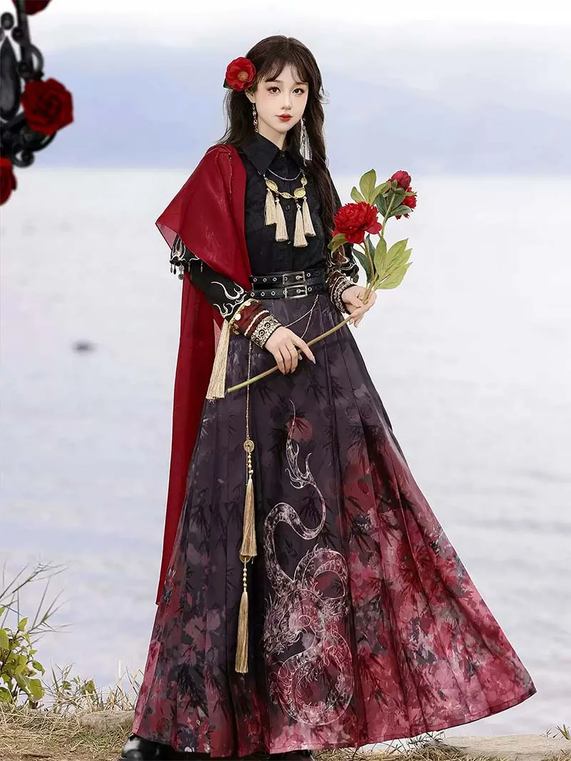 Modern hanfu clothing set with wuxia style gradient half skirt for women