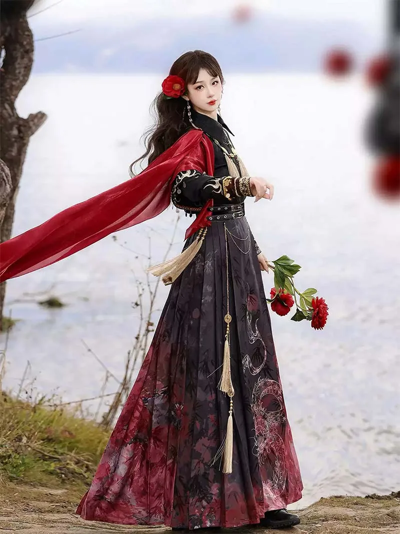 Modern hanfu clothing set with wuxia style gradient half skirt for women