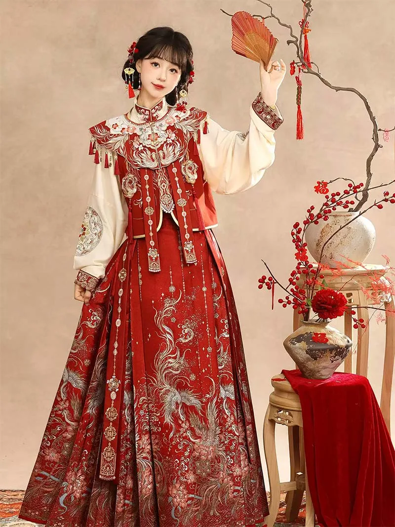 Wedding hanfu red mamian skirt set for marriage, engagement, and festive celebrations
