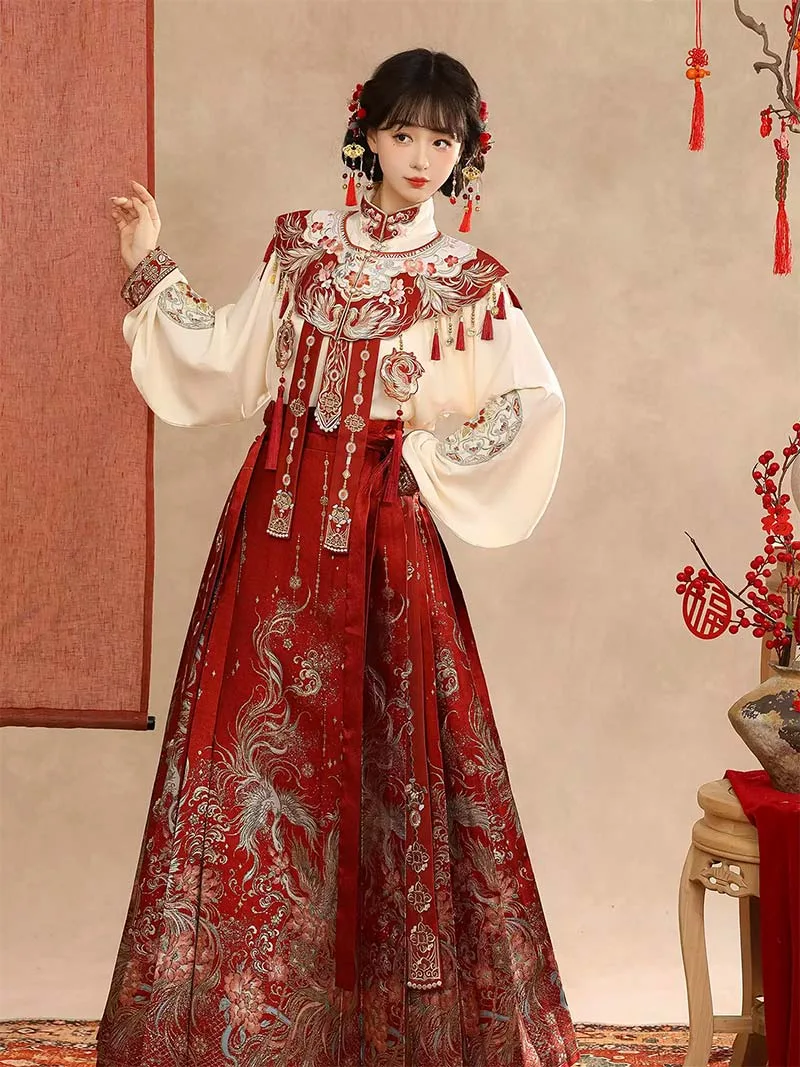 Wedding hanfu red mamian skirt set for marriage, engagement, and festive celebrations