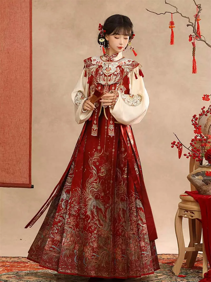 Wedding hanfu red mamian skirt set for marriage, engagement, and festive celebrations