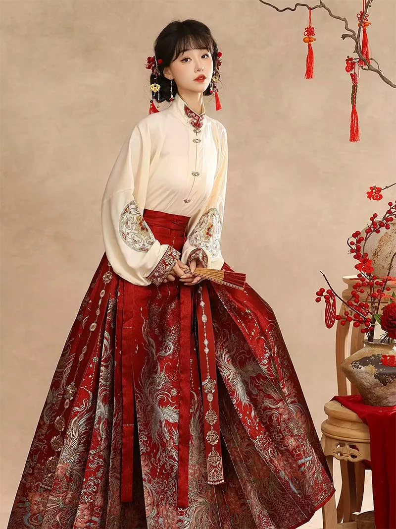 Wedding hanfu red mamian skirt set for marriage, engagement, and festive celebrations