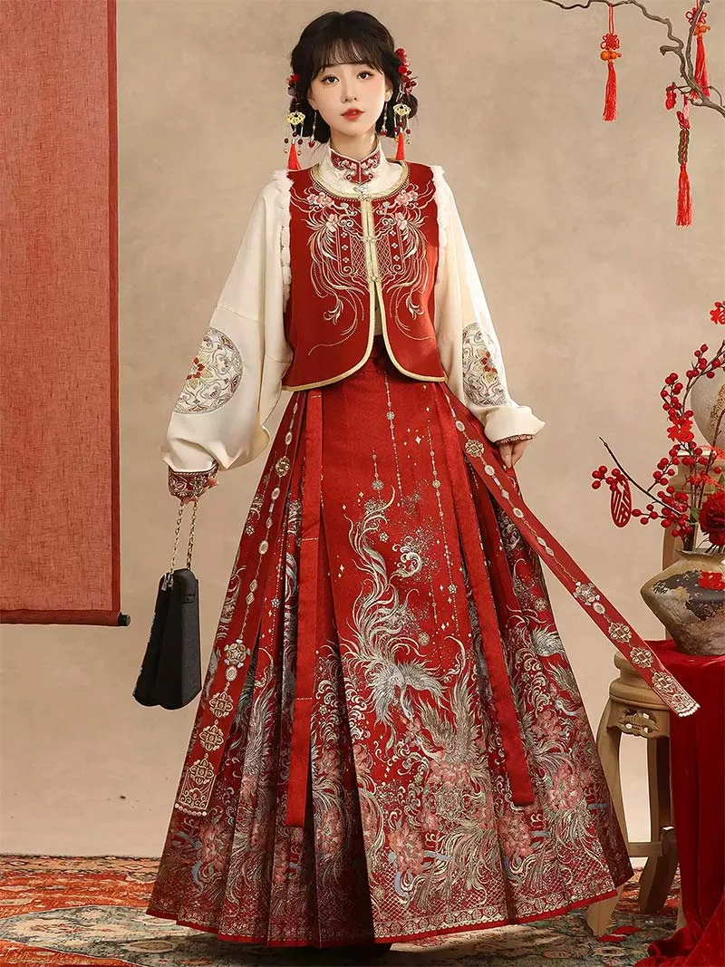 Wedding hanfu red mamian skirt set for marriage, engagement, and festive celebrations