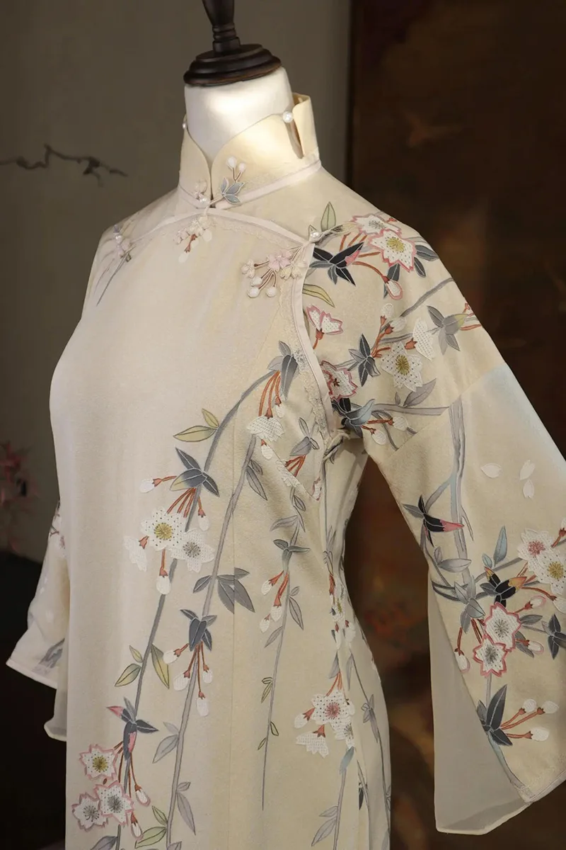 Elegant Chinese qipao dress featuring traditional embroidery and a graceful silhouette, symbolizing timeless oriental beauty.