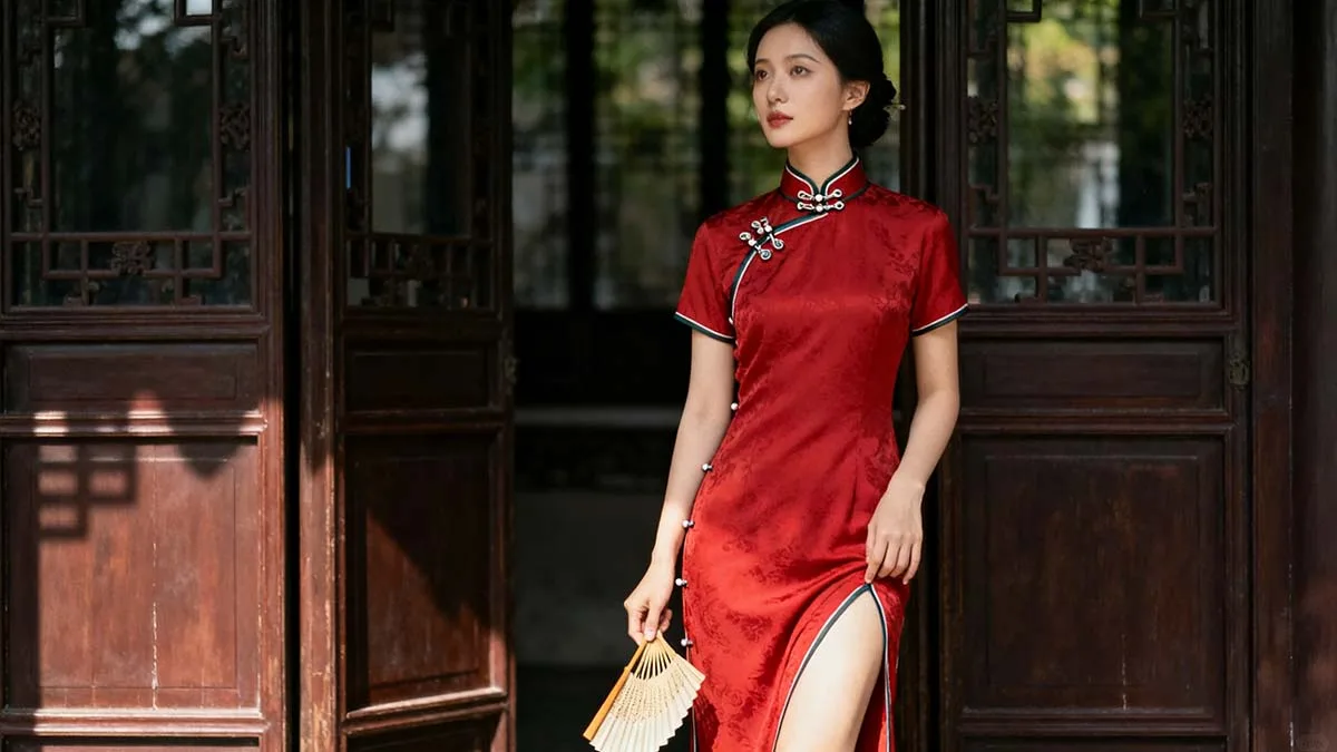Step-by-step guide on how to wear a cheongsam properly, showing elegant posture and traditional Chinese dress styling