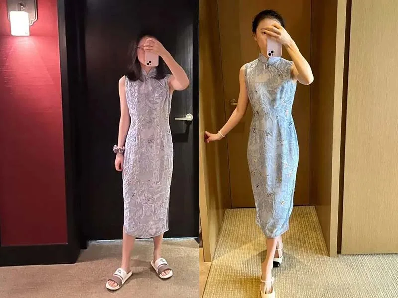 Step-by-step guide on how to wear a cheongsam properly, showing elegant posture and traditional Chinese dress styling