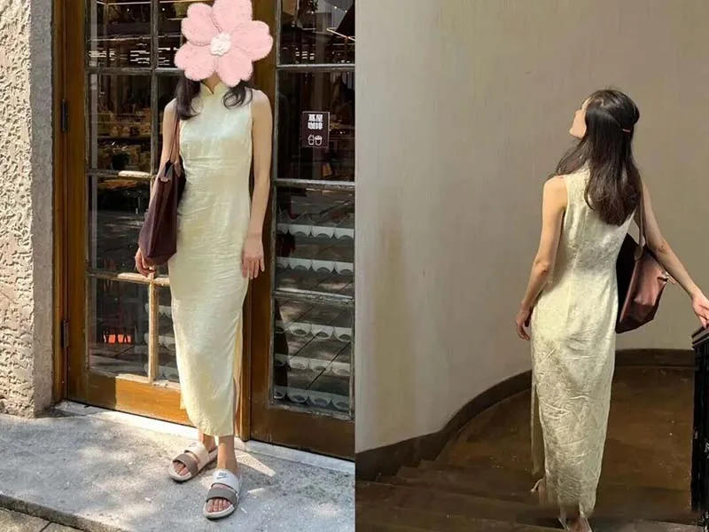 Step-by-step guide on how to wear a cheongsam properly, showing elegant posture and traditional Chinese dress styling
