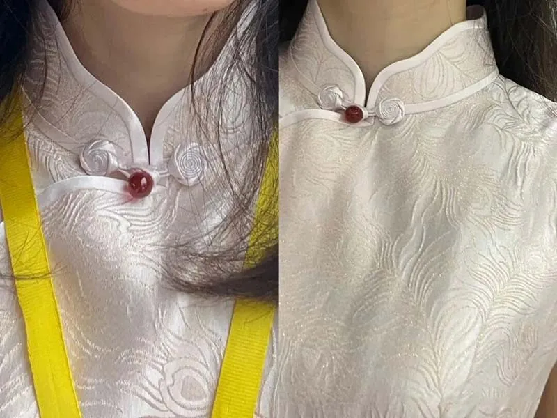 Step-by-step guide on how to wear a cheongsam properly, showing elegant posture and traditional Chinese dress styling