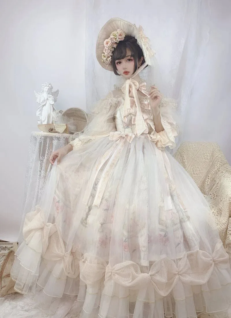 Beautiful Lolita dress featuring lace, ruffles, and bow details, showcasing a sweet and elegant princess style.
