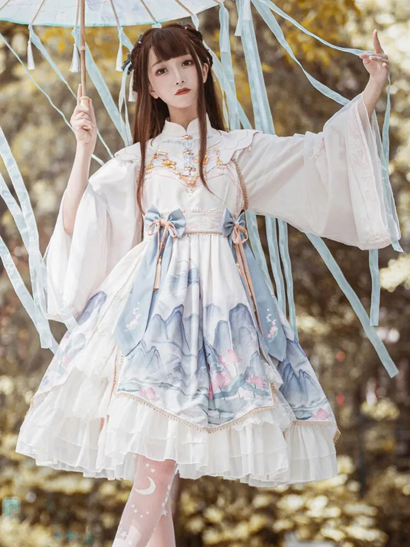 Beautiful Lolita dress featuring lace, ruffles, and bow details, showcasing a sweet and elegant princess style.