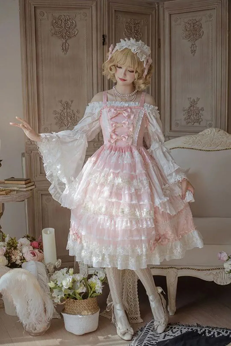 Beautiful Lolita dress featuring lace, ruffles, and bow details, showcasing a sweet and elegant princess style.