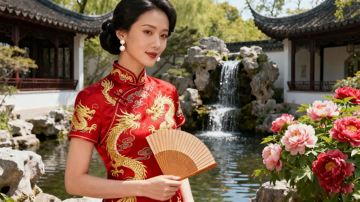 Elegant Chinese qipao dress with traditional embroidery, showcasing classic Asian fashion and cultural heritage.