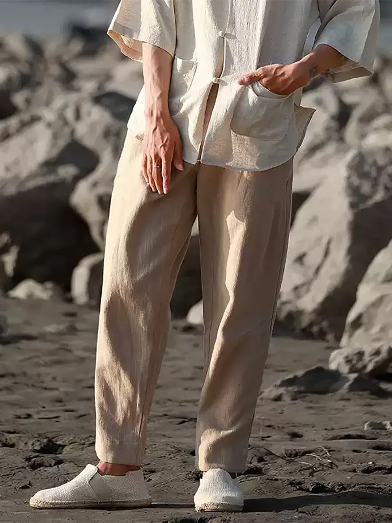 Tang suit pants for men, loose Chinese-style linen cotton cropped trousers with relaxed harem fit