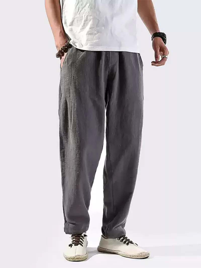 Tang suit pants for men, loose Chinese-style linen cotton cropped trousers with relaxed harem fit