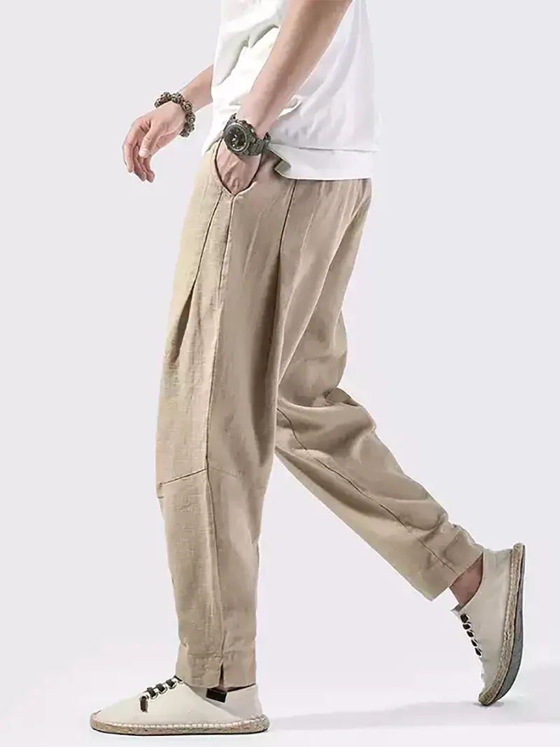 Tang suit pants for men, loose Chinese-style linen cotton cropped trousers with relaxed harem fit