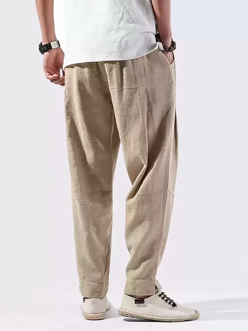 Tang suit pants for men, loose Chinese-style linen cotton cropped trousers with relaxed harem fit