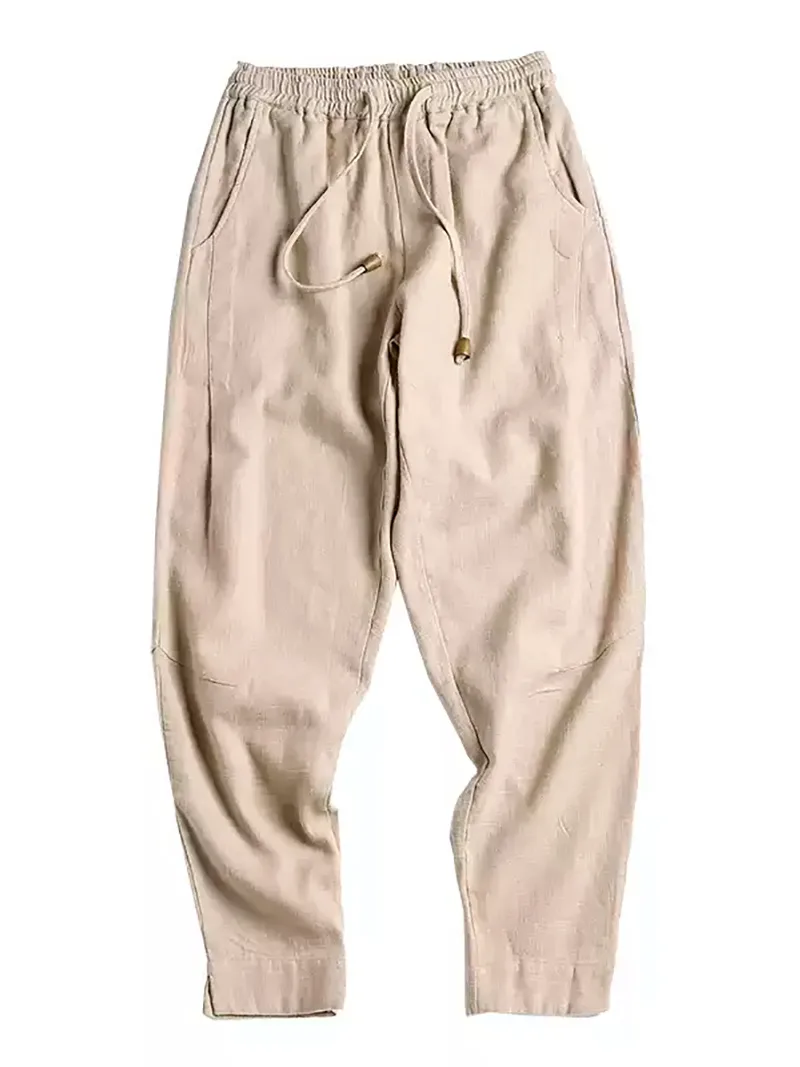 Tang suit pants for men, loose Chinese-style linen cotton cropped trousers with relaxed harem fit