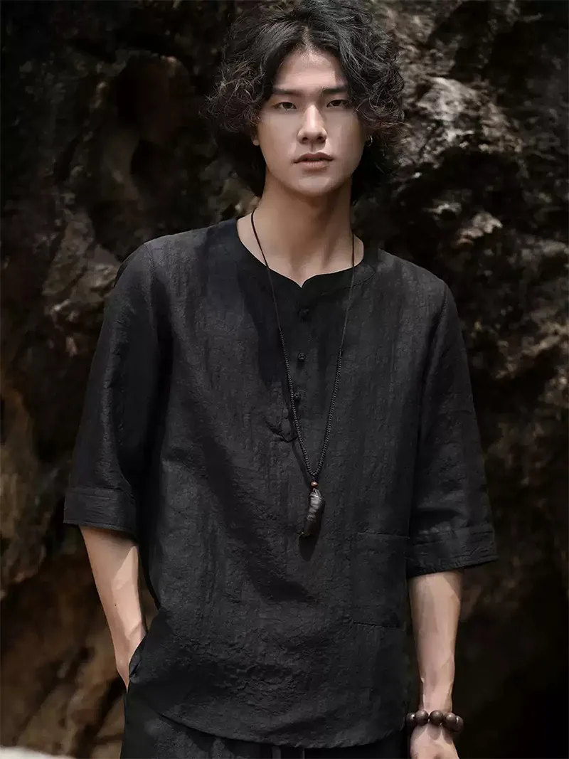 Buy expensive Tang suit online, 25 momme Xiangyun silk two-piece Chinese outfit with short sleeve mandarin collar shirt