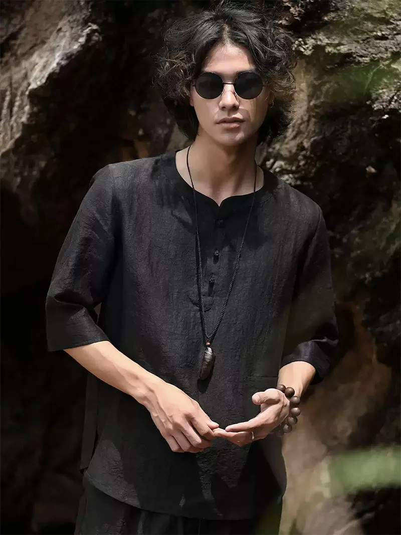 Buy expensive Tang suit online, 25 momme Xiangyun silk two-piece Chinese outfit with short sleeve mandarin collar shirt