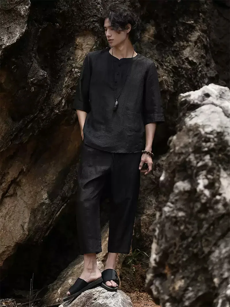 Buy expensive Tang suit online, 25 momme Xiangyun silk two-piece Chinese outfit with short sleeve mandarin collar shirt
