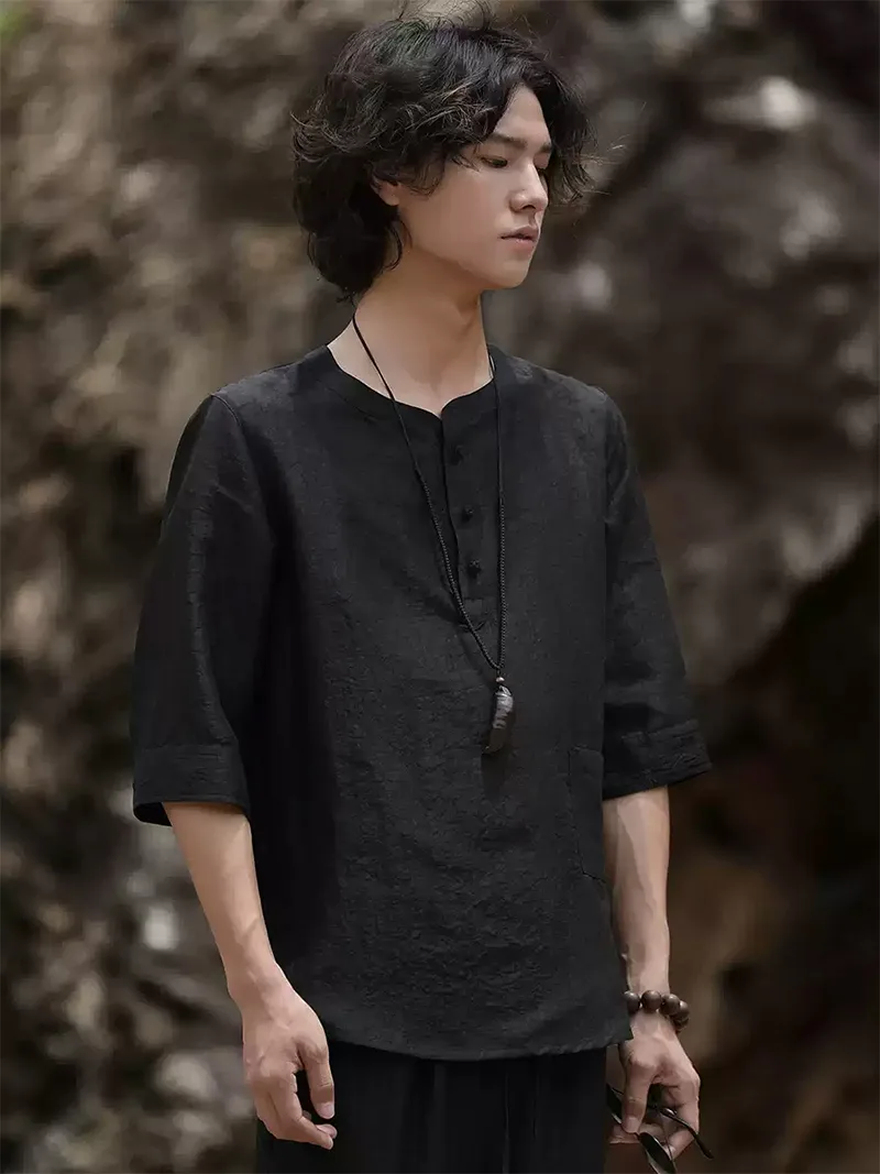 Buy expensive Tang suit online, 25 momme Xiangyun silk two-piece Chinese outfit with short sleeve mandarin collar shirt