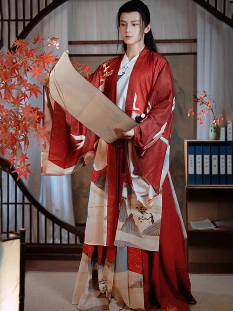 Chinese male hanfu outfit with cross-collar top and flowing wide sleeves for spring, summer and autumn