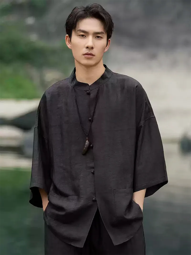 Chinese tang suit men’s short sleeve silk shirt with stand collar and elegant black design
