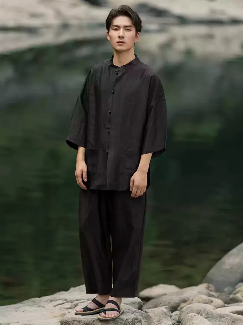 Chinese tang suit men’s short sleeve silk shirt with stand collar and elegant black design