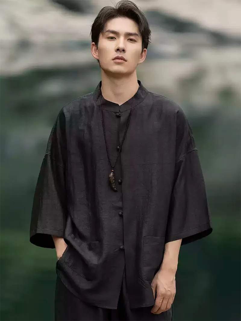 Chinese tang suit men’s short sleeve silk shirt with stand collar and elegant black design