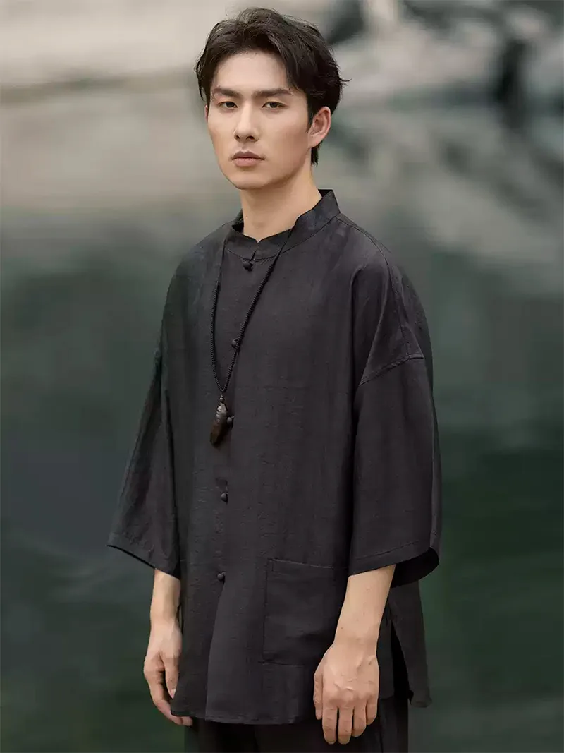 Chinese tang suit men’s short sleeve silk shirt with stand collar and elegant black design